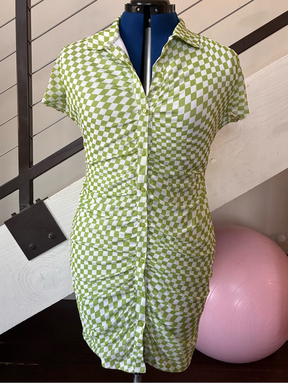 Justify Green and White Checker Mini Dress with Pink Trim